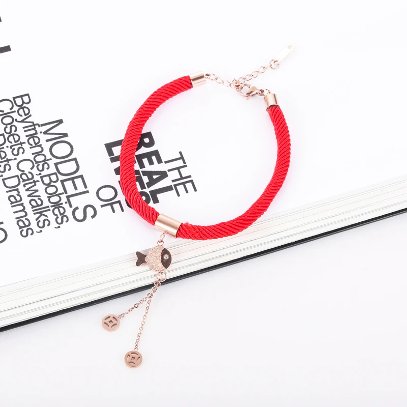 Stainless steel Scrub Fish Copper Money Fringe Lucky Red Rope Bracelet Female Couple Series Lovers Gift Jewelry Wholesale | Украшения и