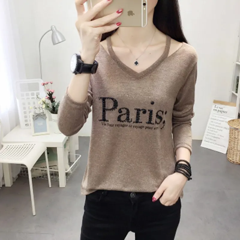 73 khaki Модная женская футболка с v-образным вырезом,, корейский стиль, женские топы с буквами и бриллиантами, длинный рукав, тонкая базовая одежда, женская одежда - Цвет: 73 khaki