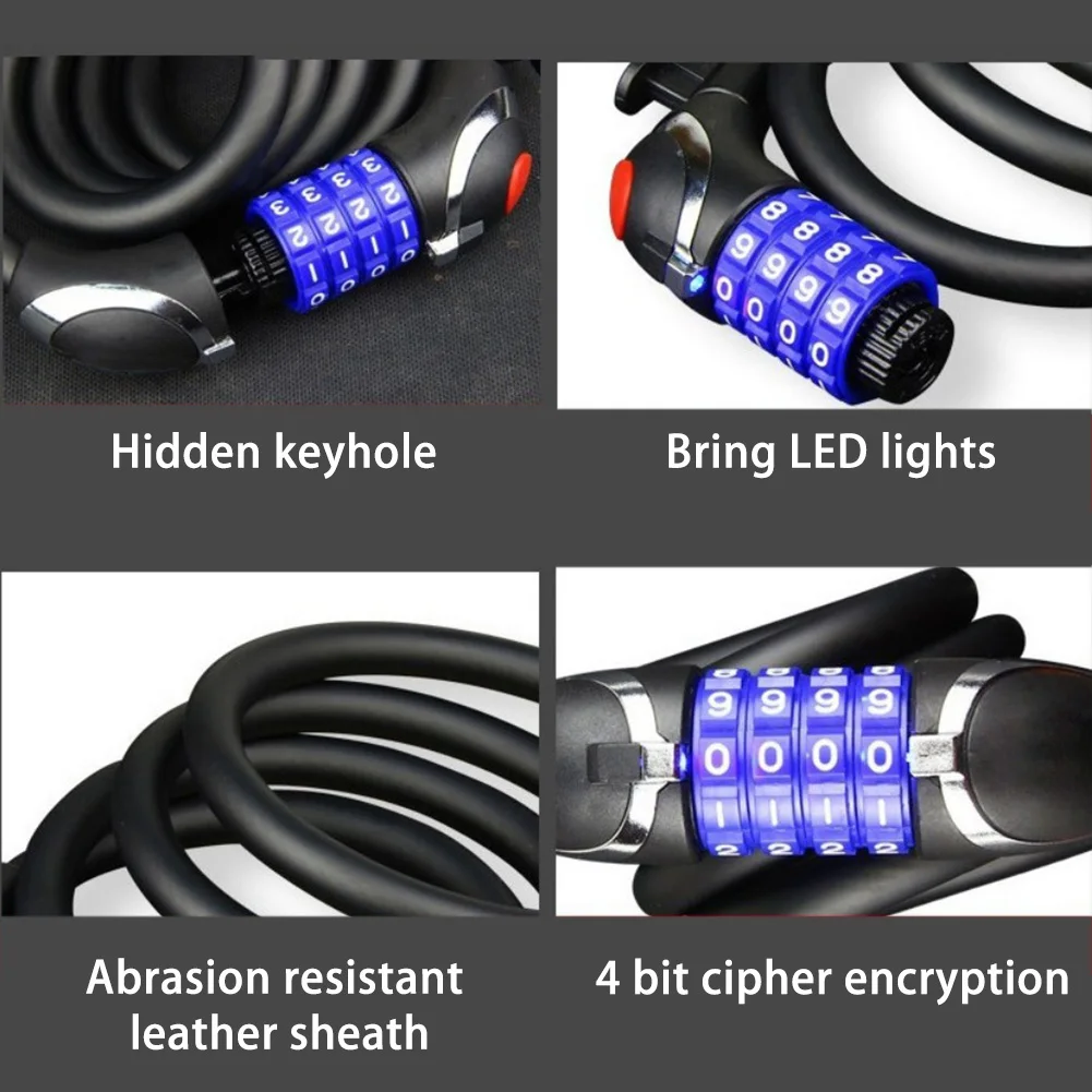 Combination Bike Lock Cable Universal Code Security Anti Theft 4 Digits Steel Wiring Garage Doors Password LED Light Bicycle | Спорт и