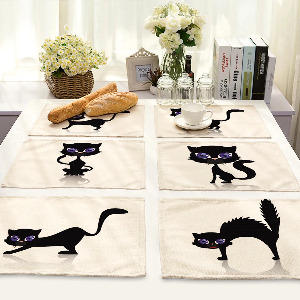 42X32CM Table Mats Beautiful black cat Images Dinner Placemats Tea Coffee Towel Restaurant Plates Decoration MA0076 | Дом и сад