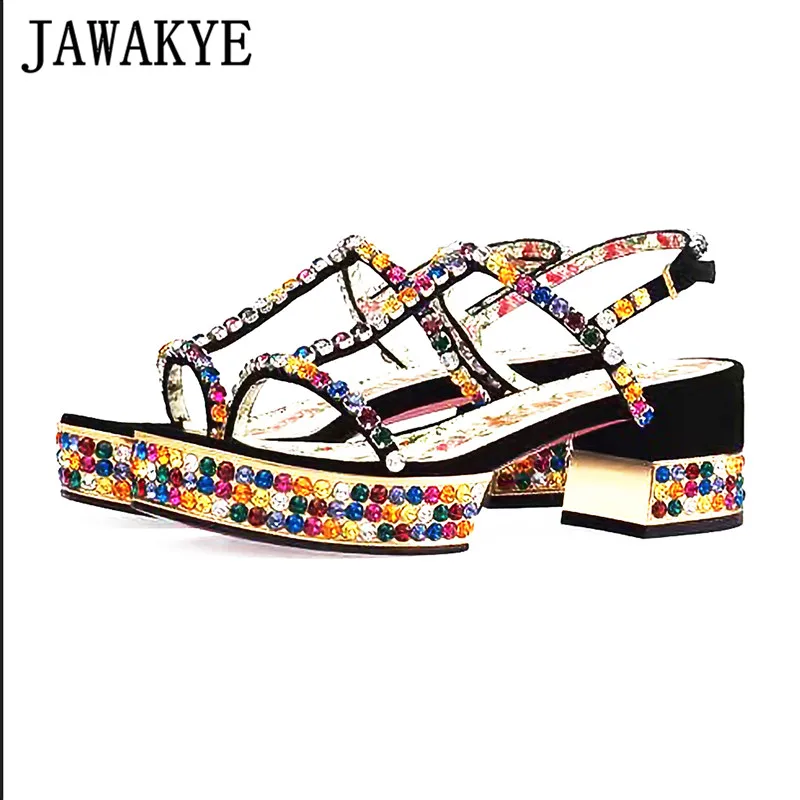 Цветные женские босоножки со стразами летние туфли на высоком массивном каблуке