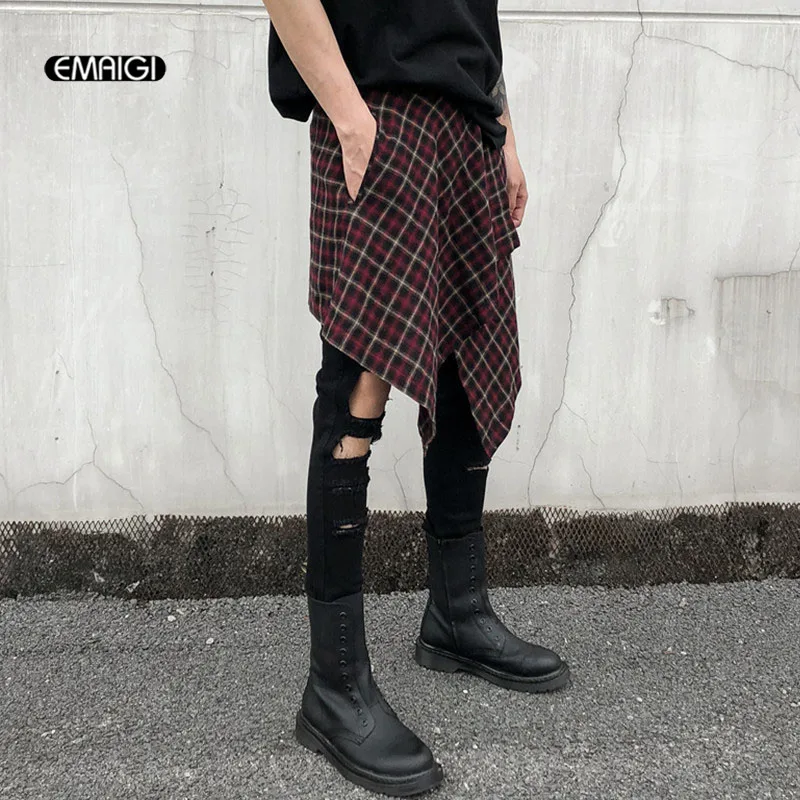 Мужская повседневная клетчатая короткая юбка брюки High Street Хип-хоп брюки для танцев мужские модные брюки сценические костюмы