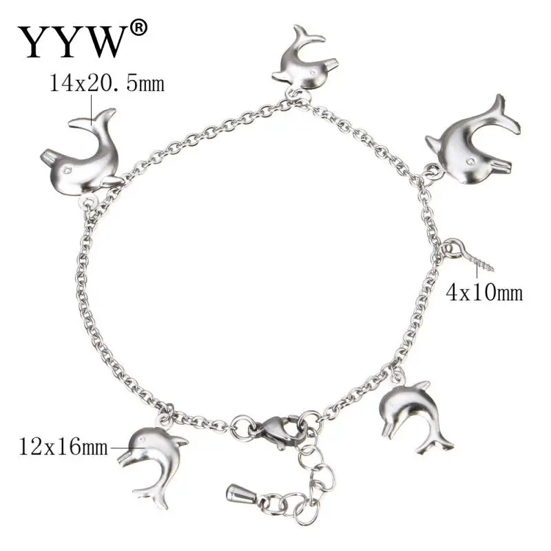 Women Mens Stainless Steel Jewelry Bracelet Dolphin Charm &amp Oval Chain Original Color Fit 7.3Inch | Украшения и аксессуары