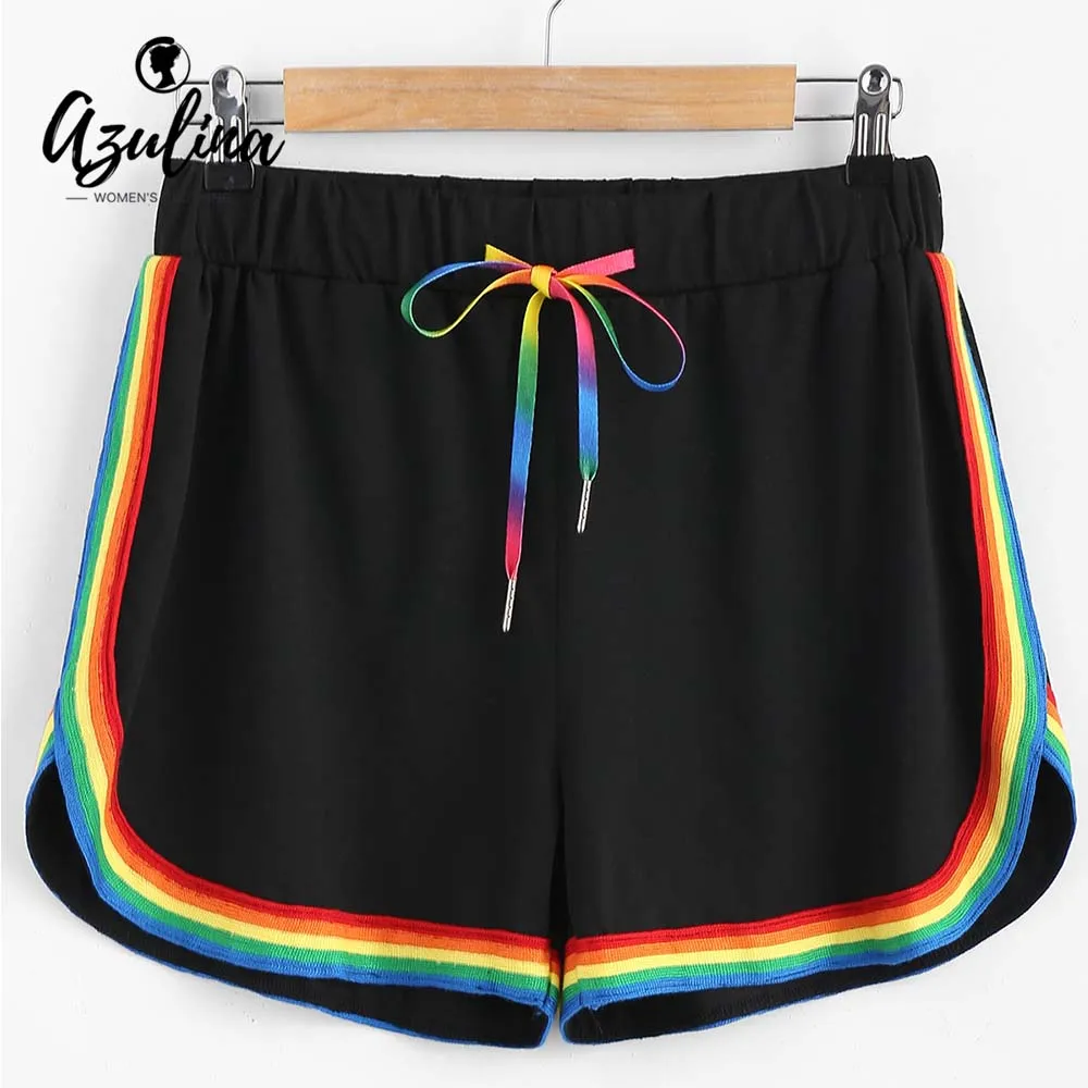 AZULINA красочные Drawstring Радуга ленты отделкой шорты женские черные в полоску