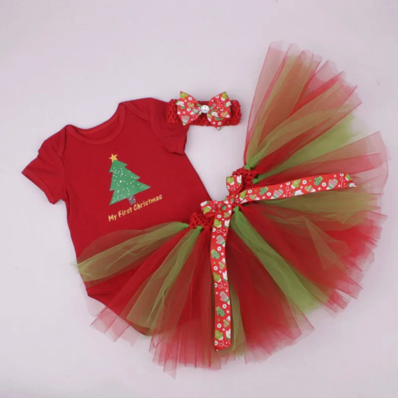 Christmas Baby Girl 3pcs Clothing Sets Infant Cotton Romper+Tulle Skirt+Headband Outfits Costumes Birthday Santa Vestidos | Детская