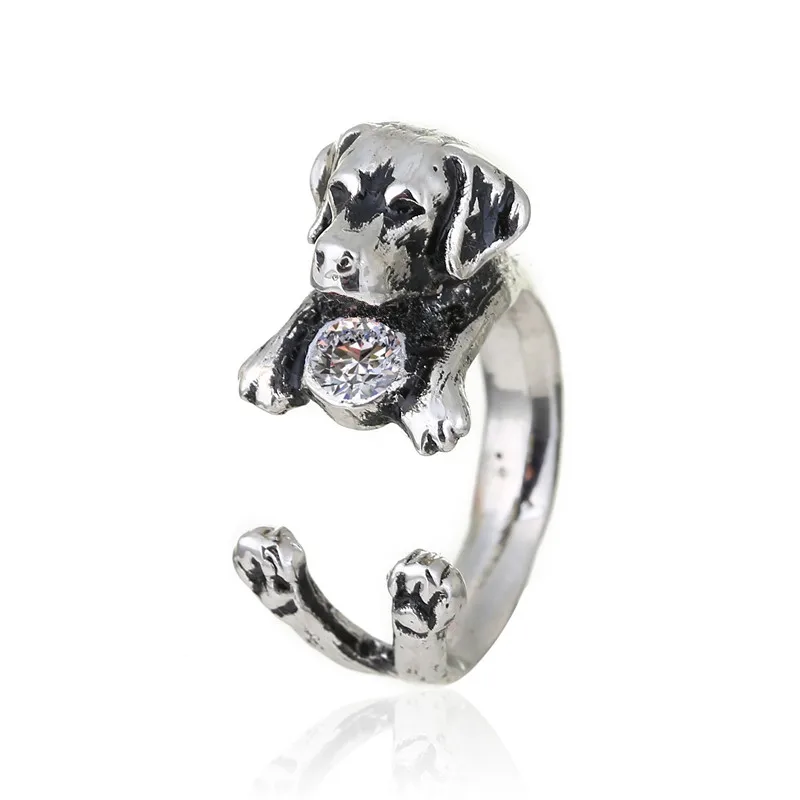 

Adjustable Labrador Ring Antique Silver Plated Animal dog RingsInlaid Colored crystal rhinestone Fashion Jewelry