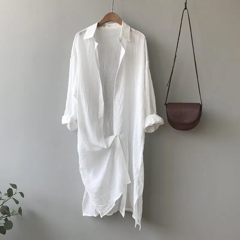 Хлопковая и льняная белая рубашка Женская свободная Корейская длинная
