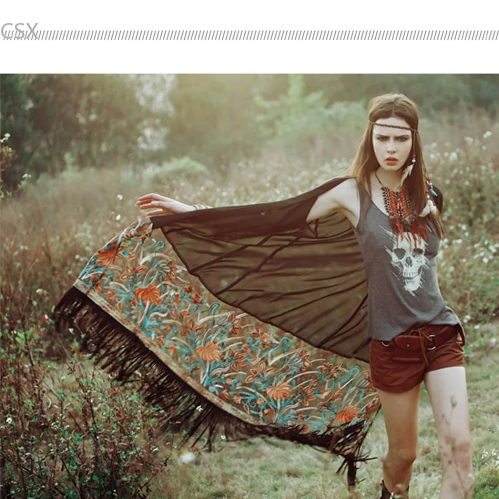 Женский прозрачный длинный кардиган с цветочной вышивкой из шифона кисточками