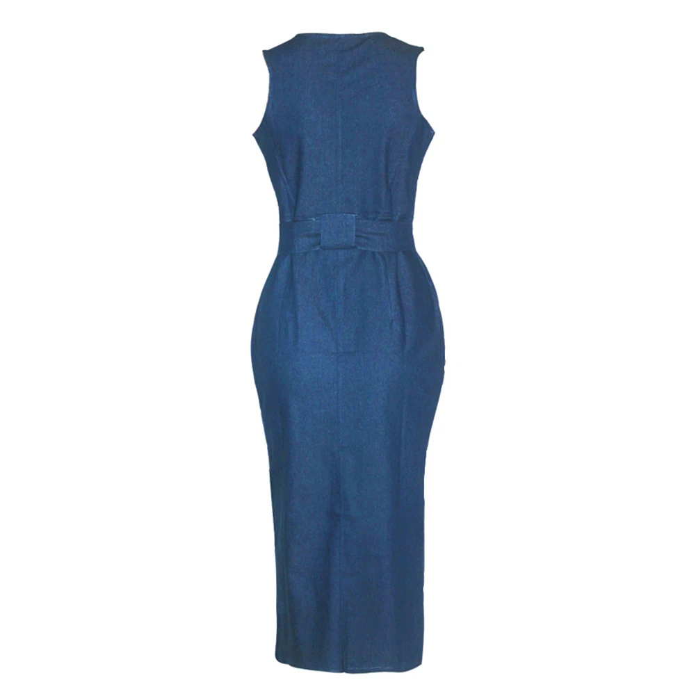

2018 Women Dress Jean Solid Zip Sexy Sleeveless Slit Vintage O-Neck Bodycon Clubwear Casual Fashion Party Long Mid-Calf Dress