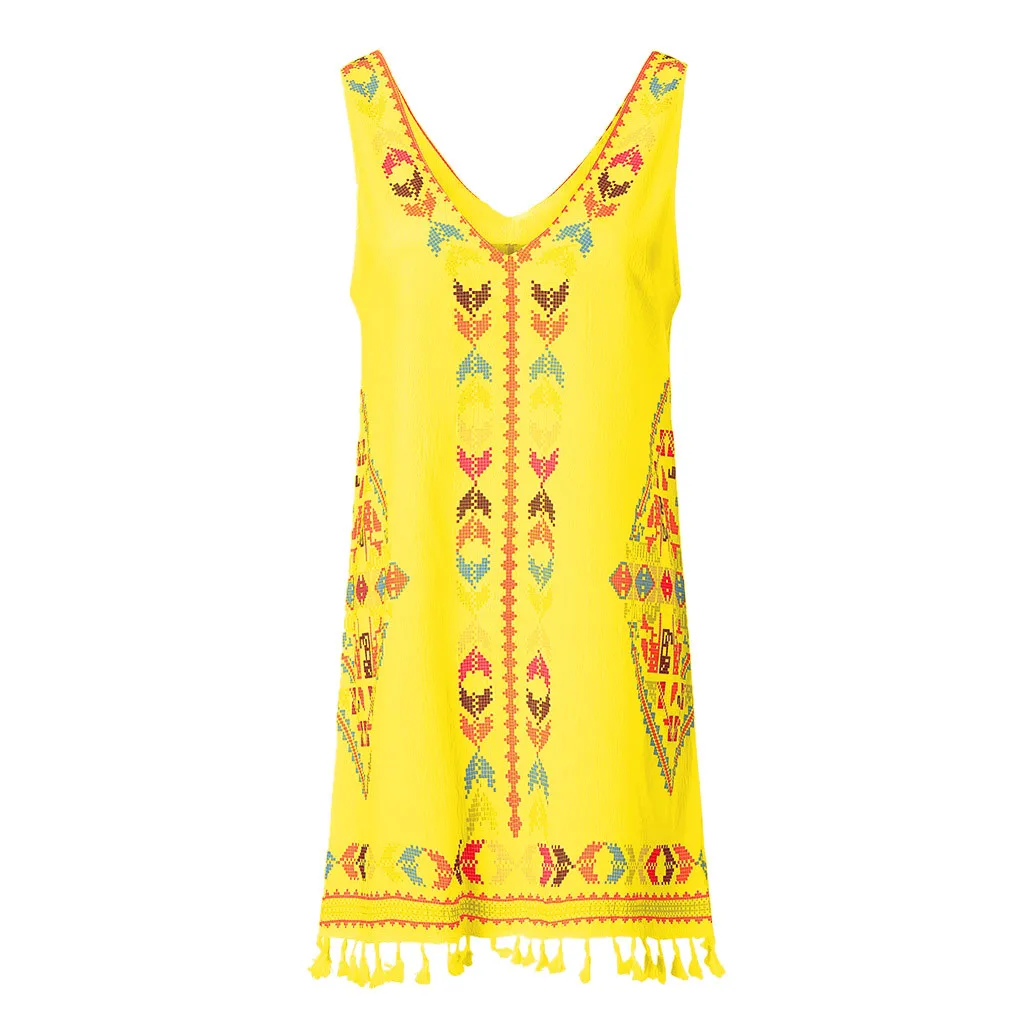 Женское богемное платье с бахромой повседневное пляжное мини без рукавов