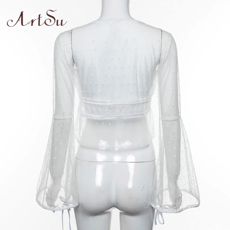 ArtSu блузка в горошек женская сексуальная белая с сеткой рубашка длинным рукавом