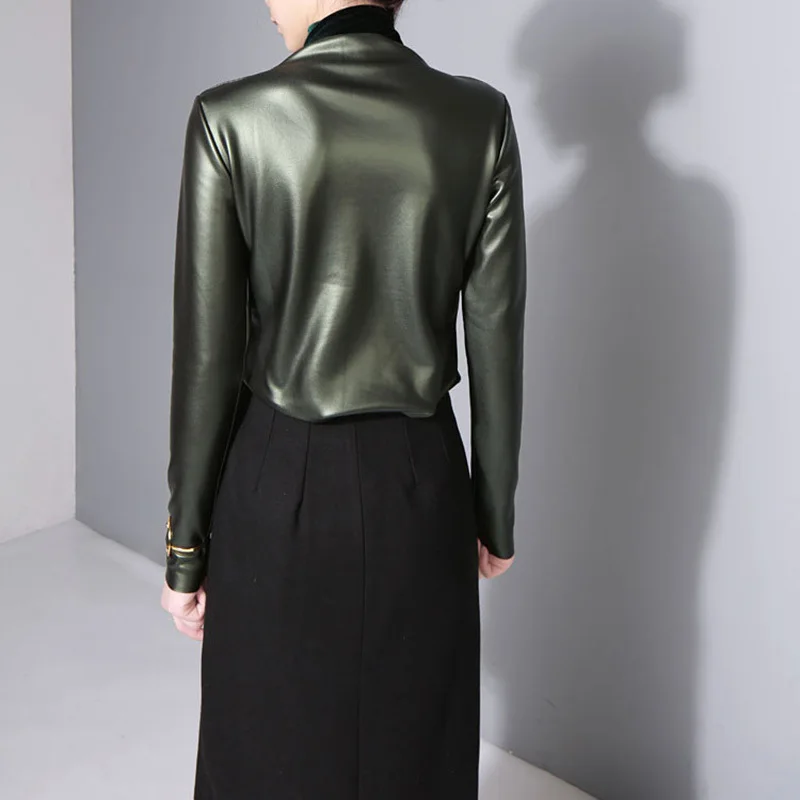 Женская Блестящая футболка CHICEVER из искусственной кожи с длинным рукавом