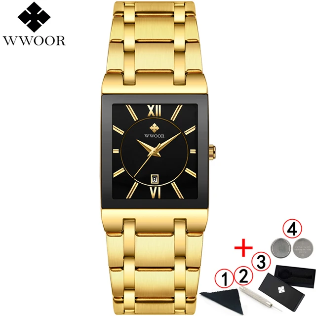 black gold box WWOOR мужские часы Топ бренд класса люкс Золотые Квадратные аналоговые кварцевые часы мужские водонепроницаемые золотые мужские наручные часы - Цвет: black gold box