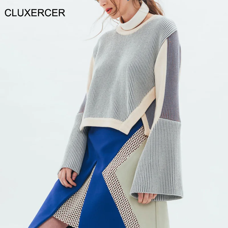 Женский свитер с круглым вырезом CLUXERCER Асимметричный свободный Однотонный