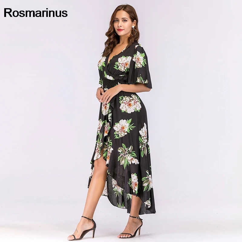 Floral Bohemian Long Dress 2018 Women Summer Deep V Neck Short Sleeve High Low Sexy Irregular Ruffles Beach Tunic Sundress | Женская