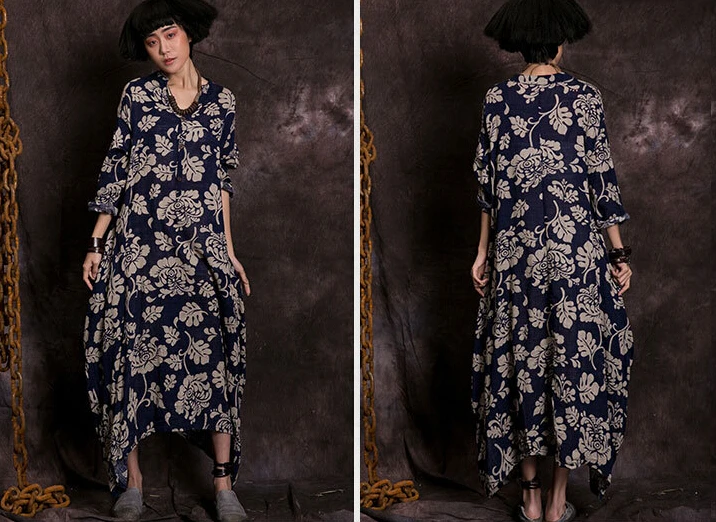 Печать хлопок белье длинное платье с длинным рукавом v образным вырезом нация