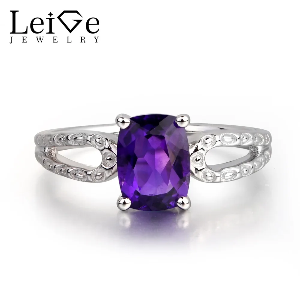 

Leige Jewelry Natural Amethyst Purple Color Gemstone Cushion Cut Engagement Rings Romantic Gifts February Birthstone 925 Silver