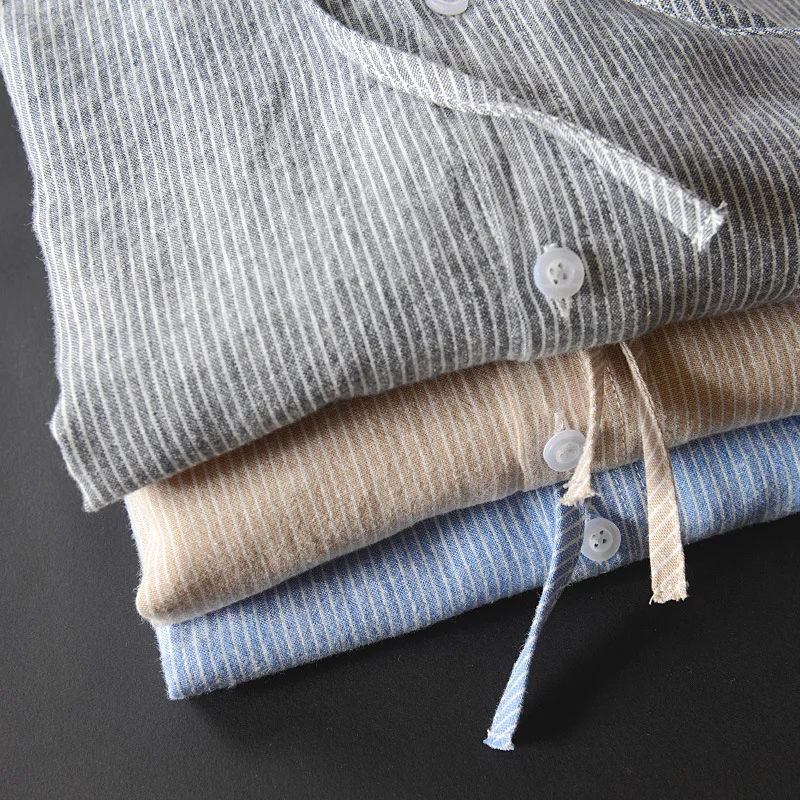 

2019 spring Summer Fashion Mens Hooded Collar Long Sleeve Shirts Men Linen Cotton Fabric stripe Style Casual Tee Shirt camisa