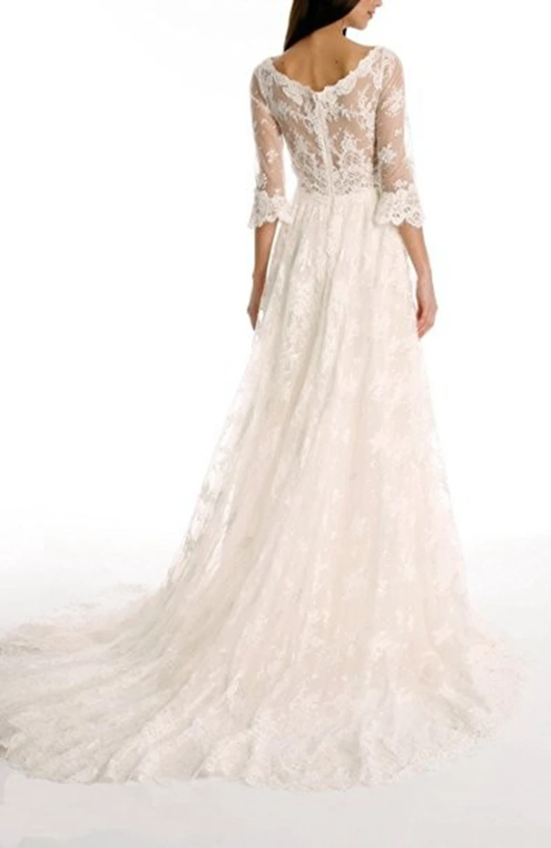 Деревенский Стиль Пляж Свадебное Платье 2017 Кружева С Рукавами Свадебные платья