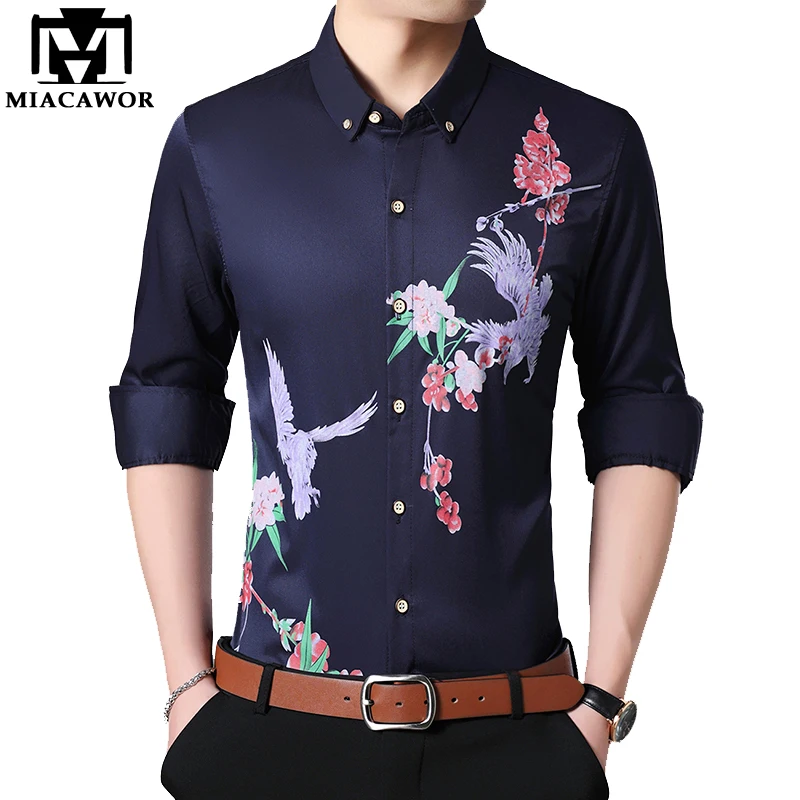 MIACAWOR Новая мужская рубашка модная с цветочным принтом приталенная длинным