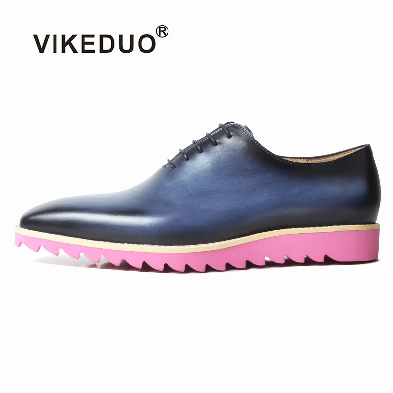 

VIKEDUO Sqaure Leather Shoes For Men Handmade Blue Sneakers Patina Dress Wedding Office Driving Shoes Casual Summer Footwear