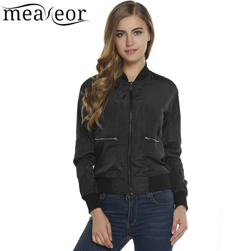 Meaneor Женская Осенняя Классическая бейсбольная куртка бомбер на молнии с длинным