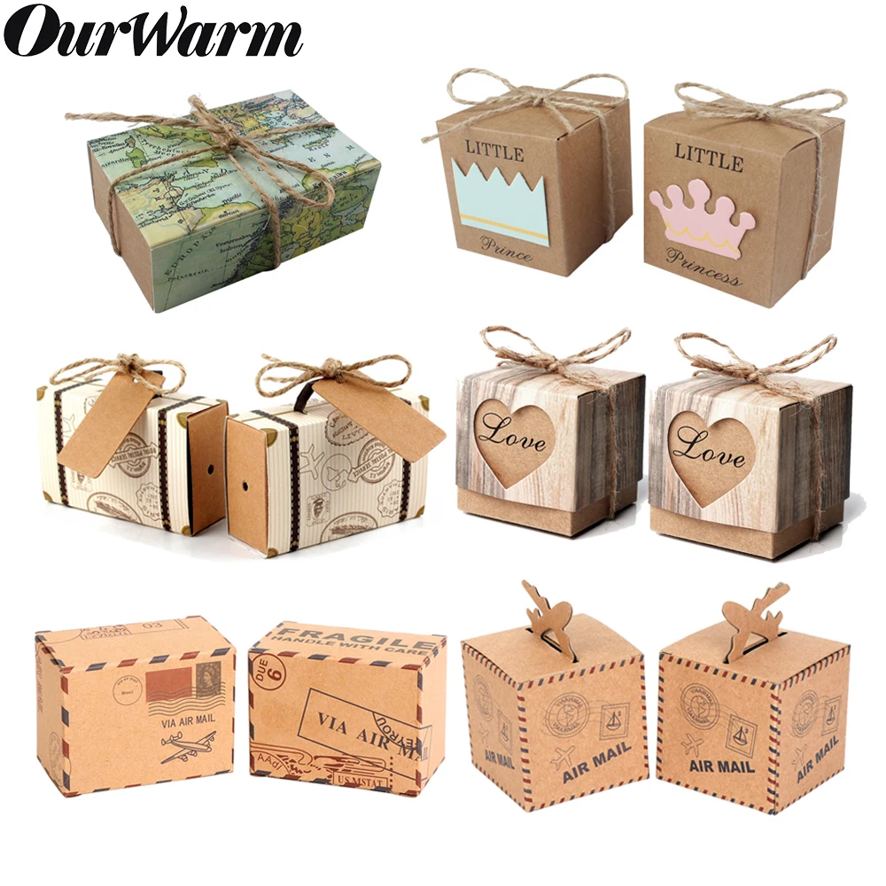 OurWarm, 50 шт., винтажная коробка для путешествий, для конфет, сумки из крафт-бумаги, сделай сам, чемодан на свадьбу, день рождения, сердце, самолет, подарочная упаковка, коробка для детского душа