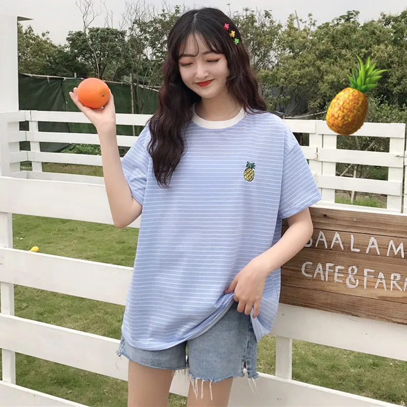 Ulzzang элегантный дизайн лучшие друзья футболка для женщин в полоску топы лето KPOP Корея фрукты вышивка женская футболка Милая одежда