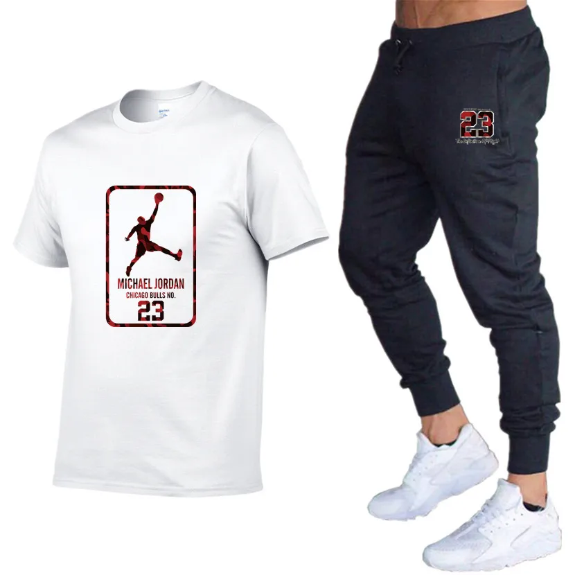 Качественные Брендовые мужские комплекты Jordan 23 футболки+ брюки Мужская брендовая одежда костюм из двух предметов спортивный костюм футболки спортивные залы тренировка набор для фитнеса - Цвет: White 78