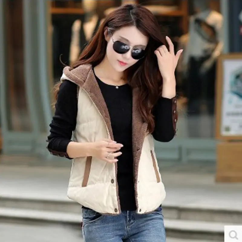 lady autumn winter sleeveless vest with cap cotton and cashmere blended warm khaki orange thick tops fashion casual outwear | Женская