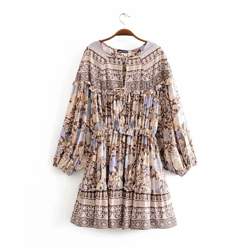 Everkaki Boho Gypsy мини-платье для женщин с оборками и круглым вырезом, с длинным рукавом, богемное женское платье, лето-осень