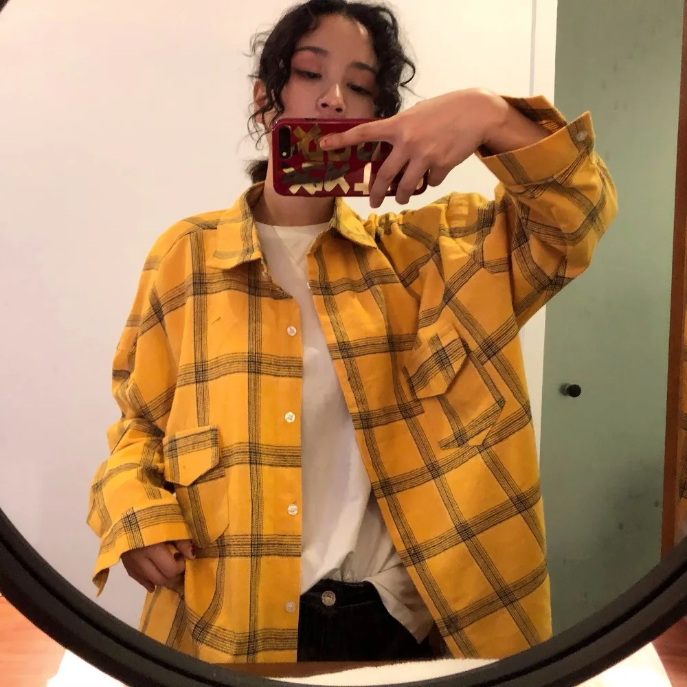 2019 повседневные клетчатые рубашки в стиле Харадзюку женские желтые и зеленые