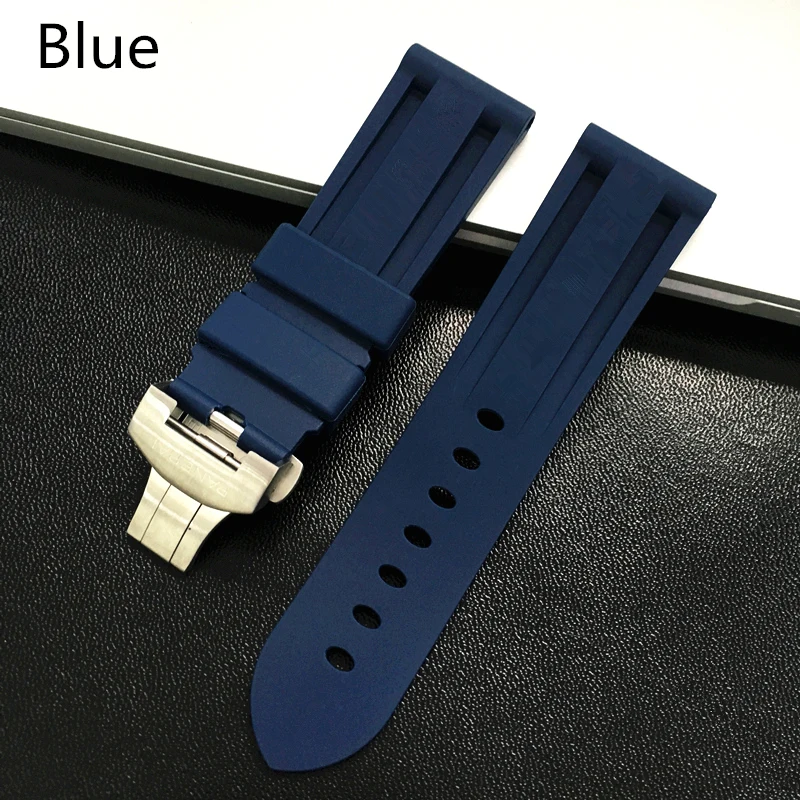 MERJUST 22mm 24mm Black Orange Blue Red Silicone Rubber Whatchband For PAM 44mm Case Watch Strap with Butterfly Buckle engraving