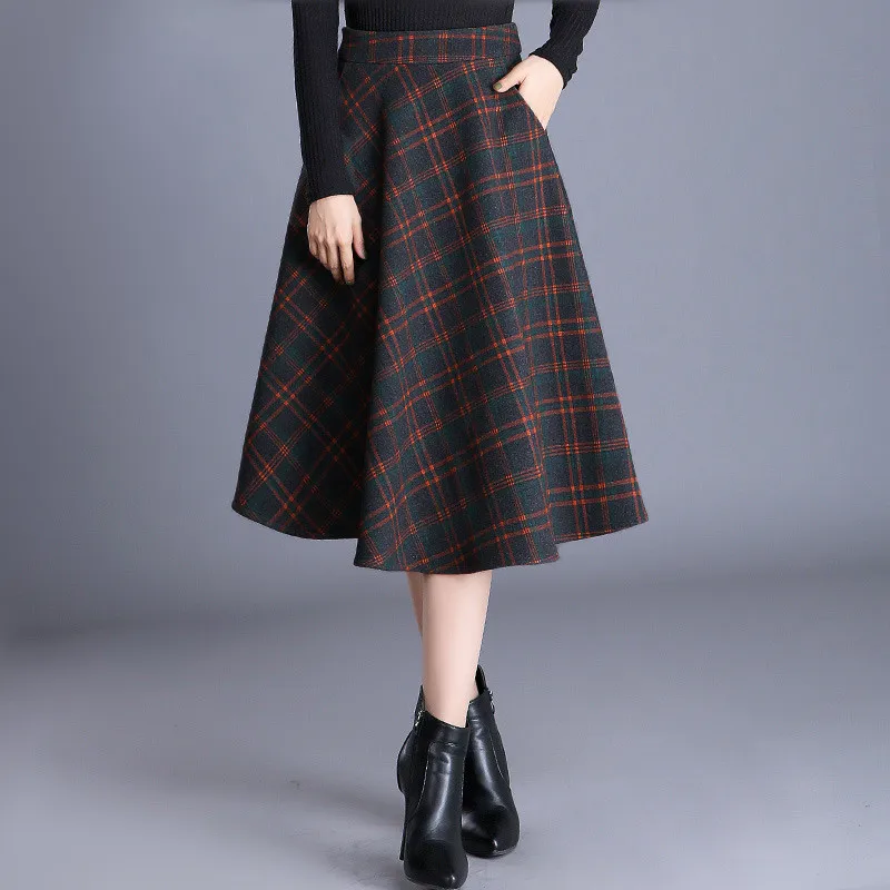 S-4XL New Women's Wool Blends Skirts Winter Autumn Fashion Elegant Printed Plaid Thicken Slim Medium Length Skirt Female