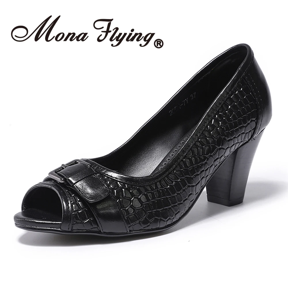 Mona Flying Women Leather Pumps Hand-made Casual Dress Buckle Slip-on Peep Toe Square Heel Shoes for Ladies 2020 205H-7Y | Обувь