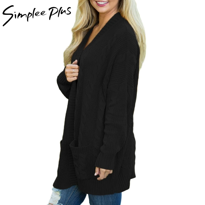 Simplee Plus Cardigans Women Size Long Cardigan Female 2018 Autumn Sleeve Solid Sweater Pockets Knitted Tops XXL XXXL |