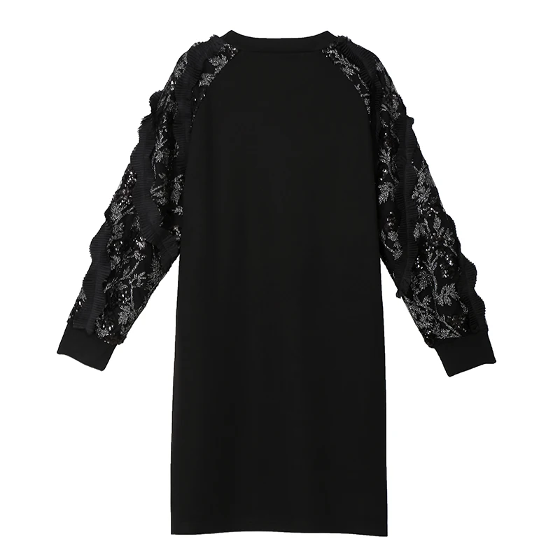 New 2018 Autumn Winter Women Clothing Black Straight Dress Full Sleeve With Appliques Female Stylish Streetwear Midi 3712 | Женская