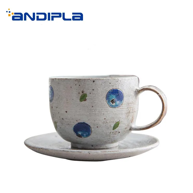 

230ml Pastoral Style Coffee Cup with Saucer Kit Ceramic Drinkware Blueberry Pattern Dessert Hand Grip Mugs Breakfast Milk Cups