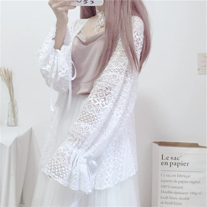 Summer Sexy Hollow Out Blouse Bikini Cover Up Batwing Sleeve Women Kimono Cardigan Female Sun Protection Lace Tops Blusas | Женская