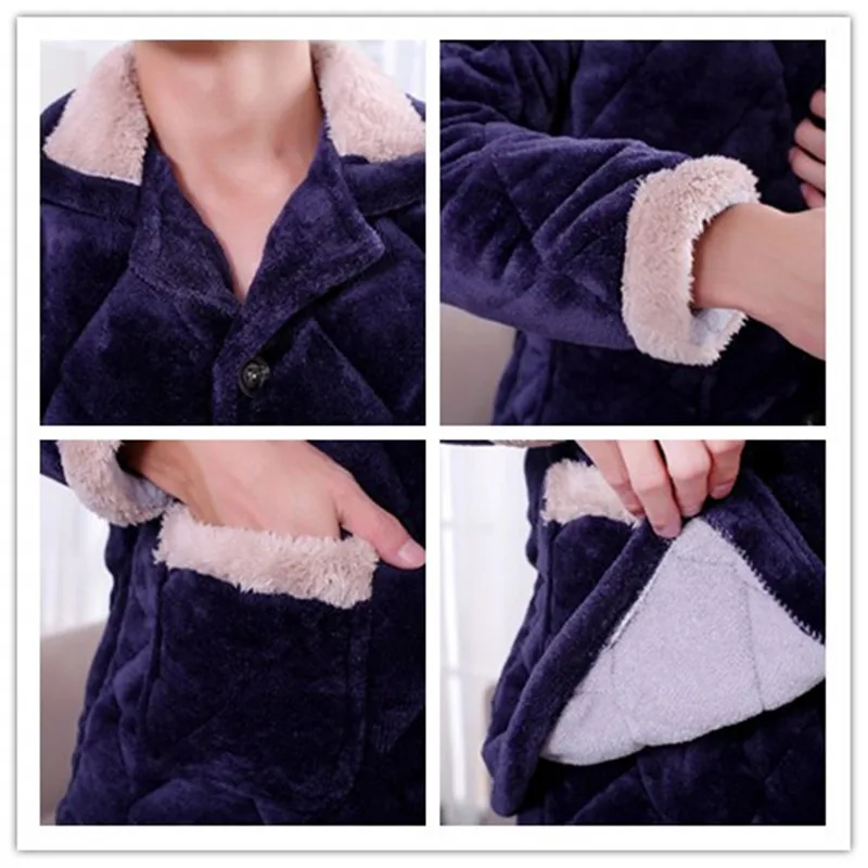 Flannel Pajamas Sets 2019 New Winter Men Long-sleeves Pockets Solid Color Thick Home Clothing Warm Pyjamas Suits 2020
