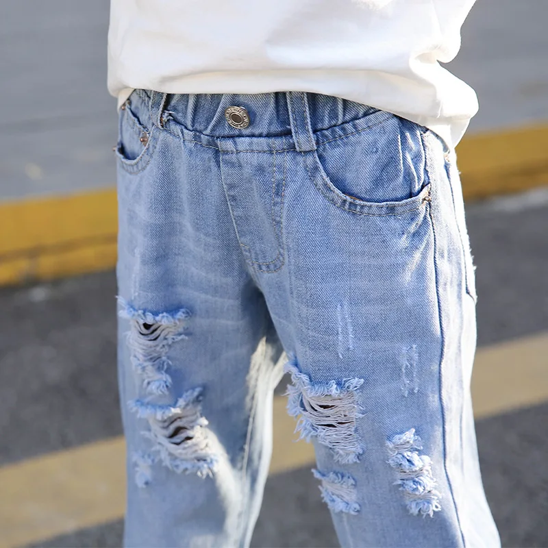 Джинсы для девочек-подростков летние детские рваные штаны с эластичной резинкой