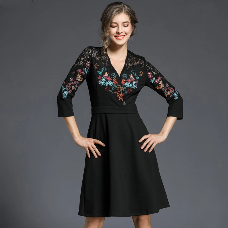 ZOSOL Spring New Women Embroidered Lace Party Dresses Vestidos High-End V-neck stitching Female Slim Vintage Black Dress 20 | Женская