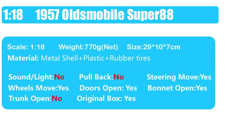 1 18 масштаб дорожный знак GM 1957 Olds mobile Super88 roadster классика купе автомобили Diecasts& игрушки автомобили модели автомобилей реплики