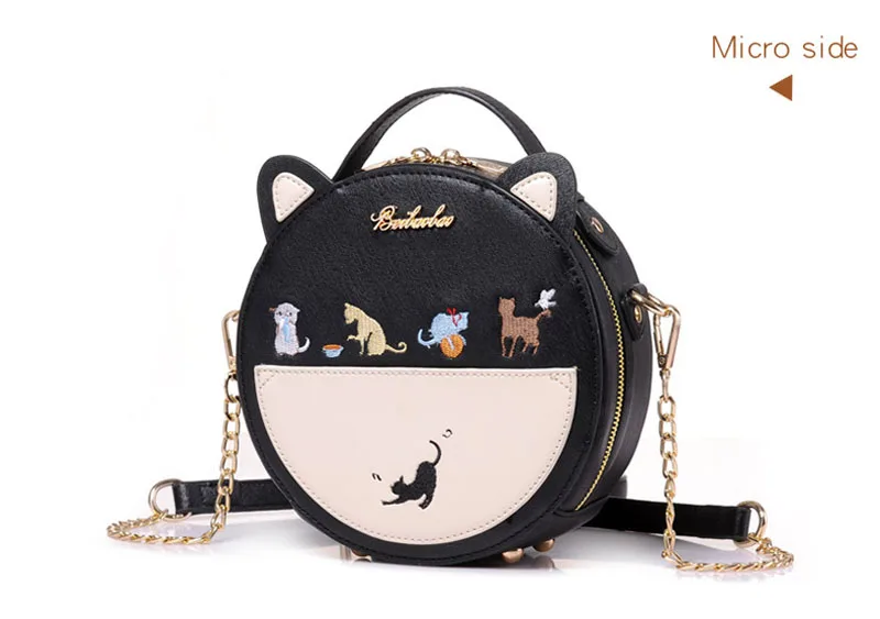 Cute Embroidery Cat Messenger Bag Women Small Circular Ears Crossbody Bags Teenage Girls Chain Shoulder Bag Mini Handbag XA25B