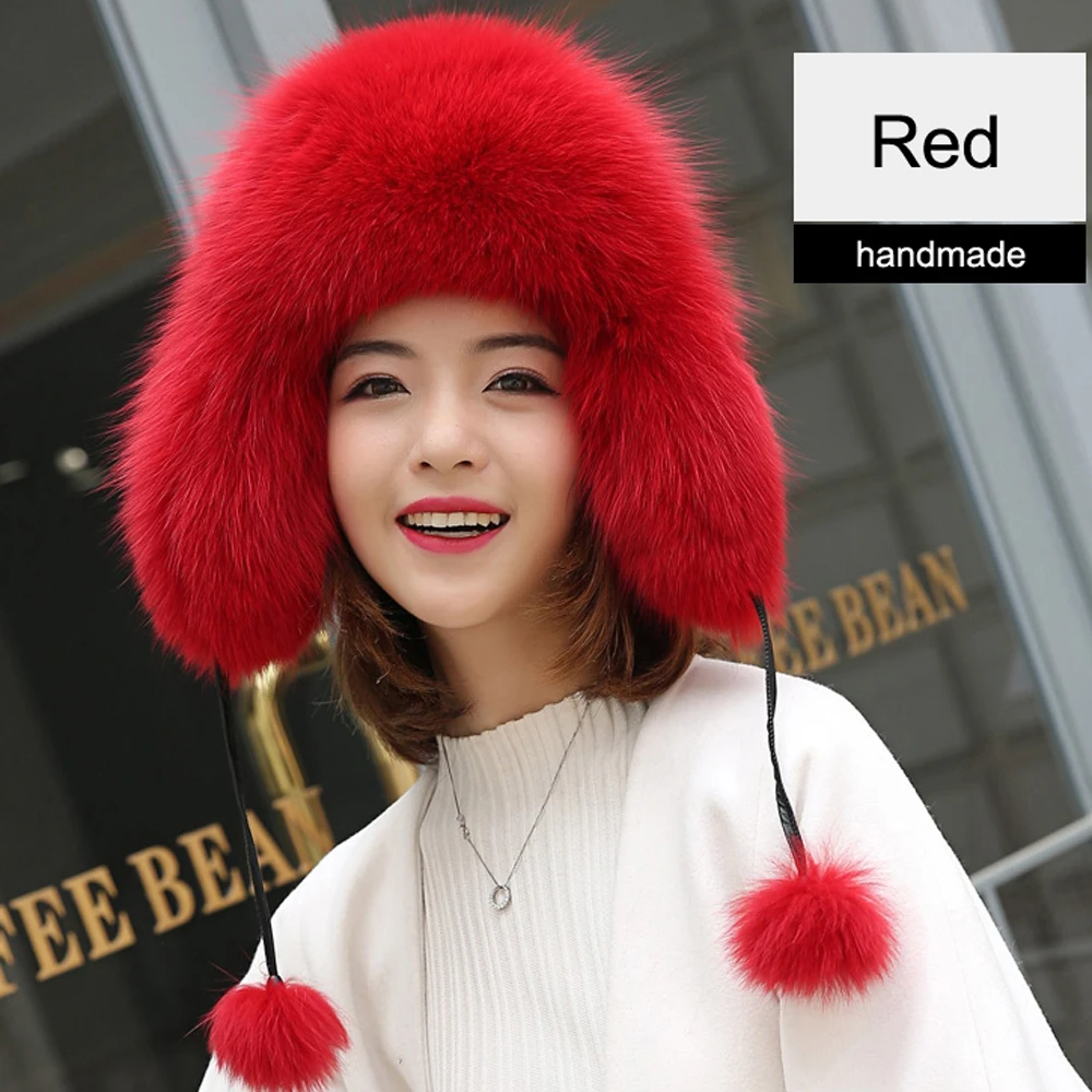Шапка бомбер из натурального Лисьего меха зимняя теплая Женская Пушистая ушанка