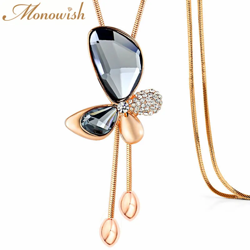 Monowish изысканный моды Кристалл Бабочка кисточкой длинный Цепочки и ожерелья