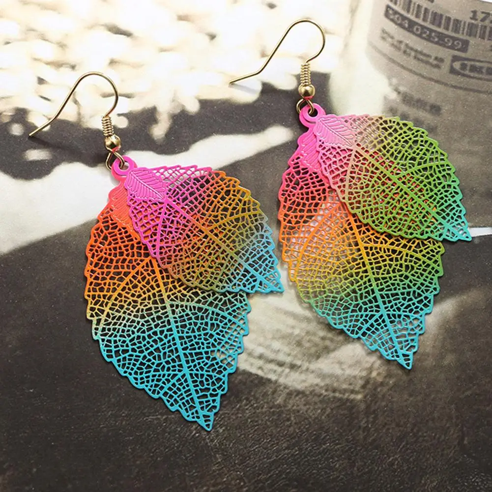 Одна пара красочные двойной слой листьев в форме длинные серьги этнические Стиль