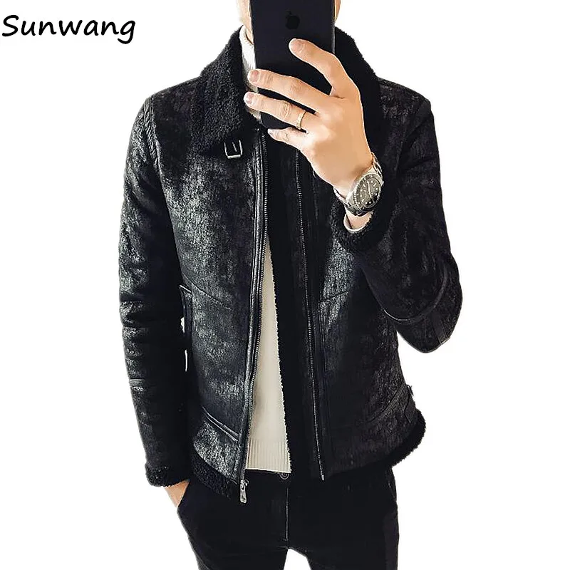Sunwang черный Для мужчин s куртки пальто кожаные мотоциклетные байкерские