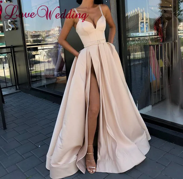 Вечернее платье Новое поступление robe de soiree V шеи Спагетти ремни Атлас на заказ линии Вечерние платья Длинные