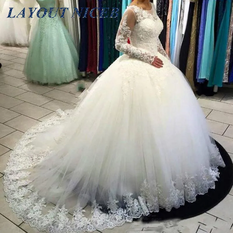 

Cheap vestido de noiva Illusion Ball Gown Wedding Dresses 2019 Long Sleeve Wedding Gown Lace Appliques Robe de Mariee Casamento